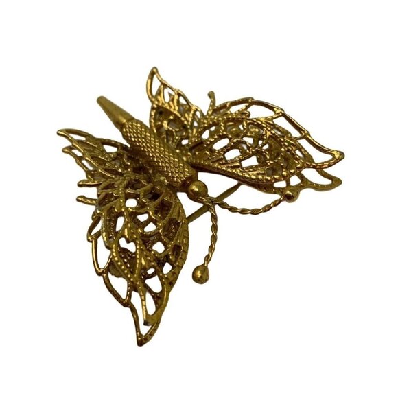 Vintage MONET Butterfly Brooch Gold Tone Double Wings Filigree Pin GrannyCore - Picture 5 of 10